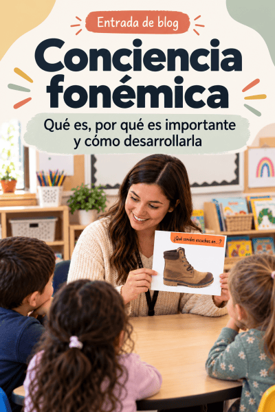Una mujer sonriente presenta una imagen de una bota a un grupo de niños sentados alrededor de una mesa en un aula, con materiales educativos al fondo.