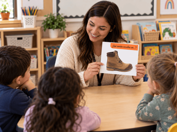 Una maestra sonriente muestra una imagen de una bota a un grupo de niños sentados alrededor de una mesa en un aula.