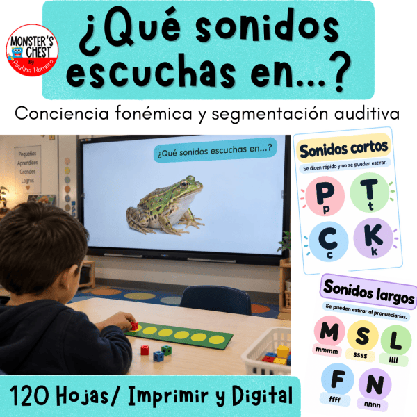 Un niño observa una pantalla donde se muestra una rana y le pregunta sobre los sonidos que escucha. Incluye recursos sobre conciencia fonémica y segmentación auditiva, con ejemplos de sonidos cortos y largos.
